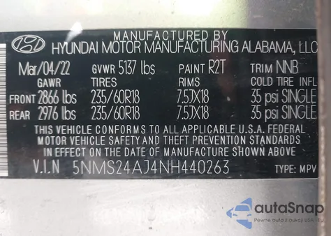 2022 Hyundai Santa Fe Sel z USA, uszkodzony, nr VIN 5NMS24AJ4NH440263